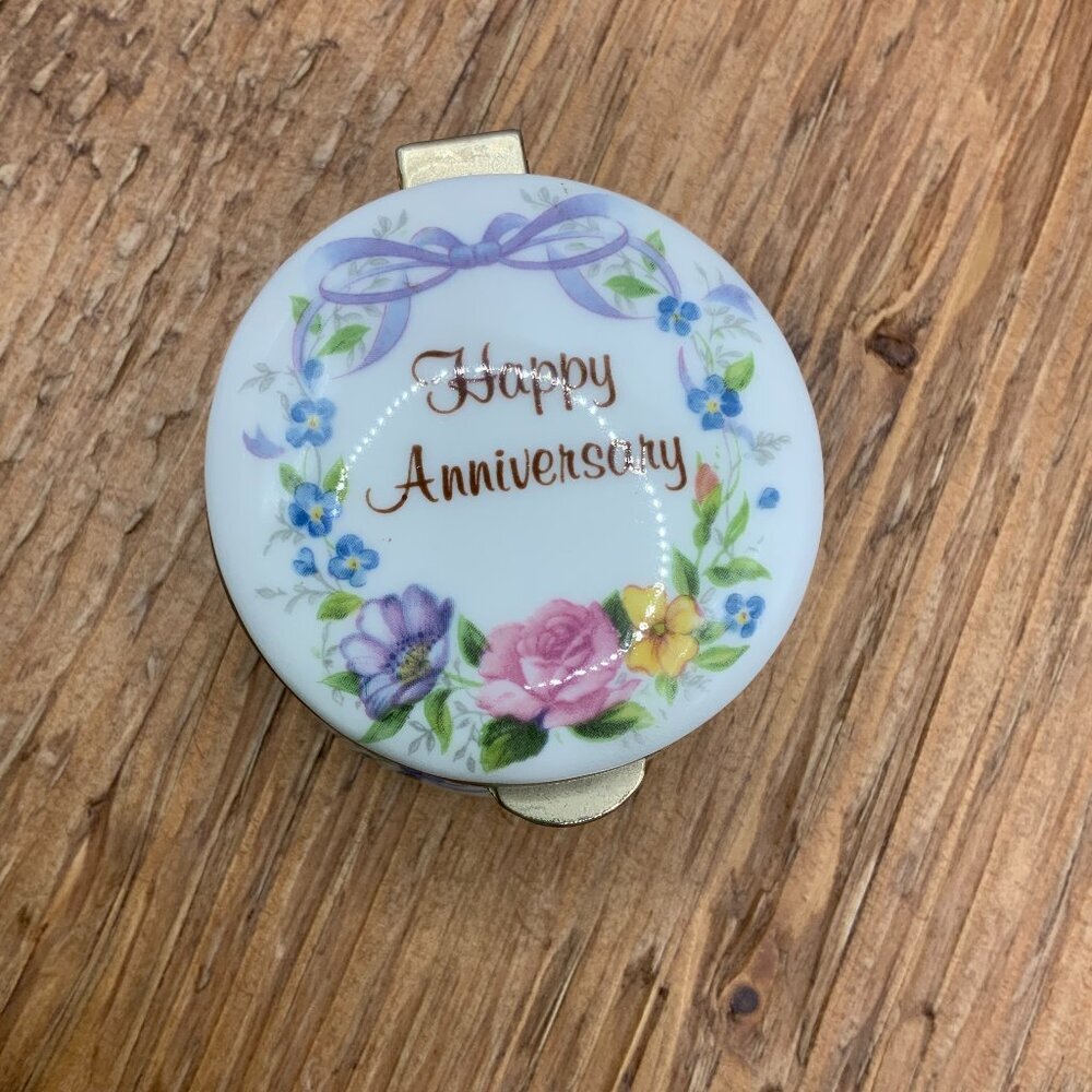 Ayshford Vintage Happy Anniversary Vintage Porcelain Gold Tone Trinket Box